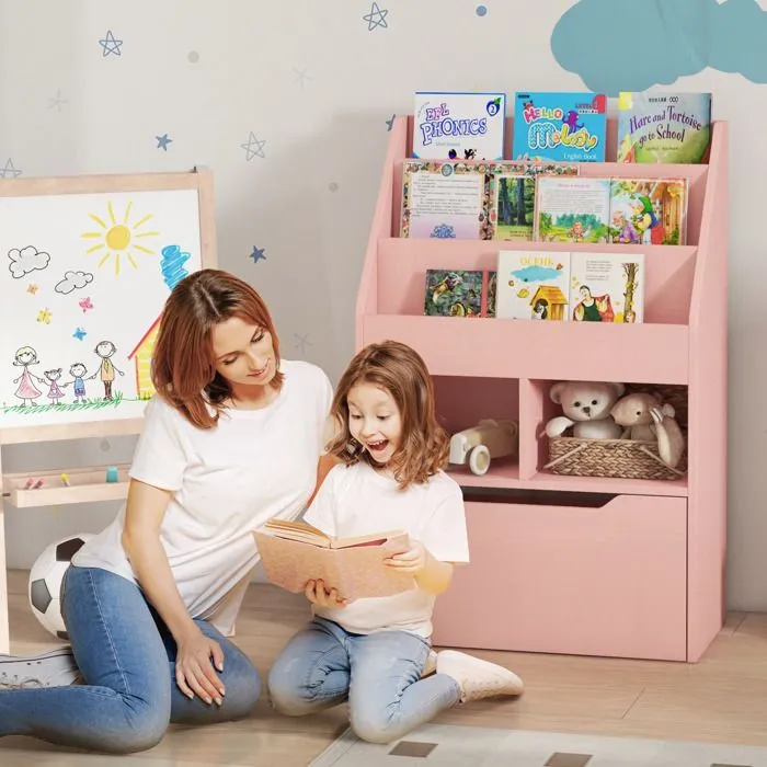 Bibliothèque HOMCOM étagère Multi-Rangement 3 étagères 2 niches Grand tiroir en bois Rose-1