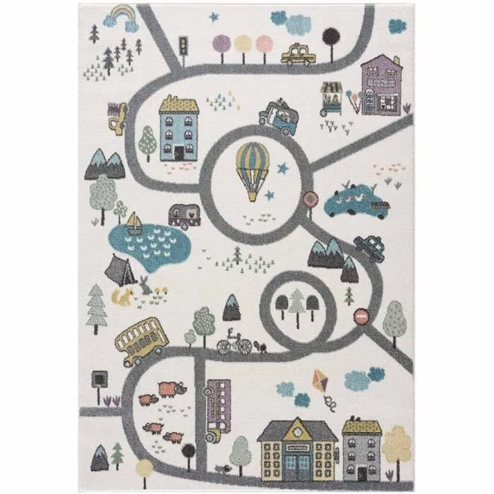 Tapis de jeu pour chambre d'enfant - IMAGINE - Motif Route de l'école - Blanc - 120x160cm-0