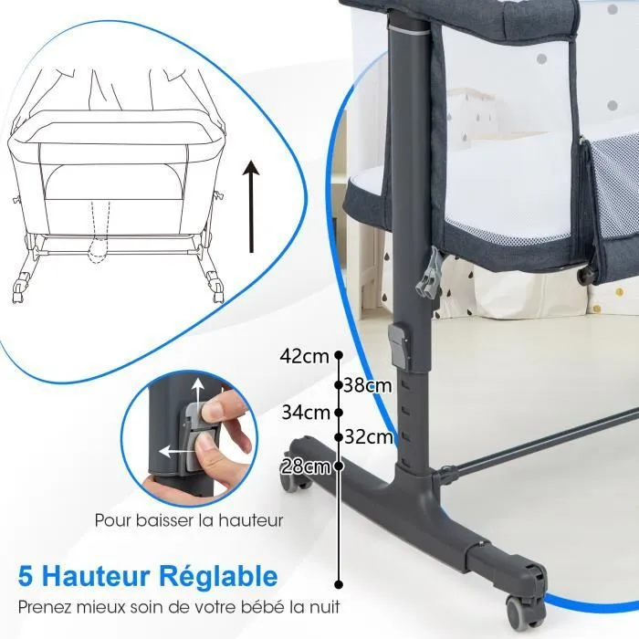 COSTWAY Lit Cododo Bébé avec Matelas-5 Hauteurs Réglables-Charge 9KG-Lit Berceau Maille Respirante-Sac de Voyage-0-6 Mois-Gris-2
