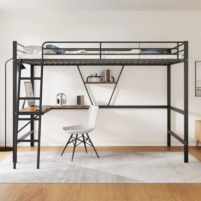 Lit mezzanine - Noir - 90x200cm - Bureau en L - Étagères de rangement - Métal-1