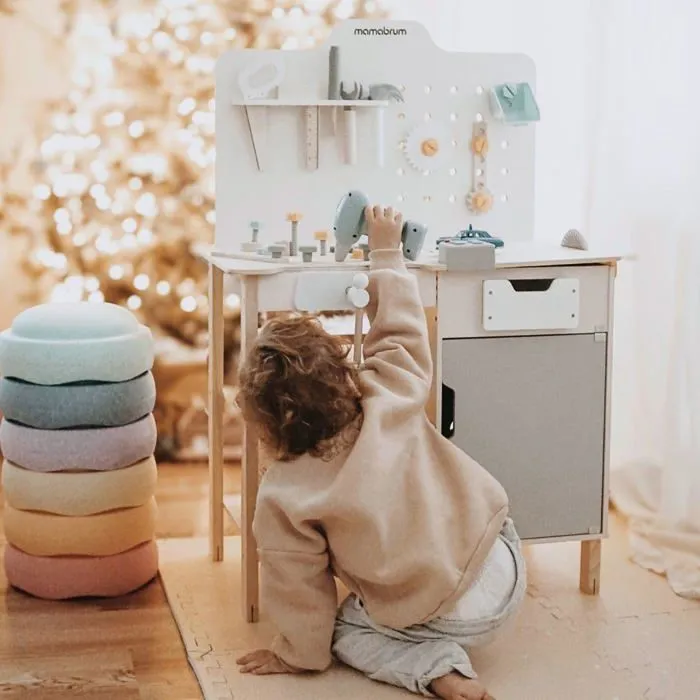 Etabli Enfant en Bois- Mamabrum- Grand atelier bois avec outils XXL - 74 éléments- Kit DIY- table de travail, perceuse, tournevis-1