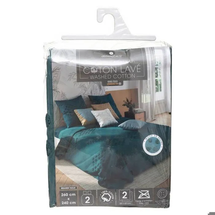 Parure de lit - Atmosphera - 2 Personnes - Coton lavé - Bleu Canard - Tufté Vert Canard-2