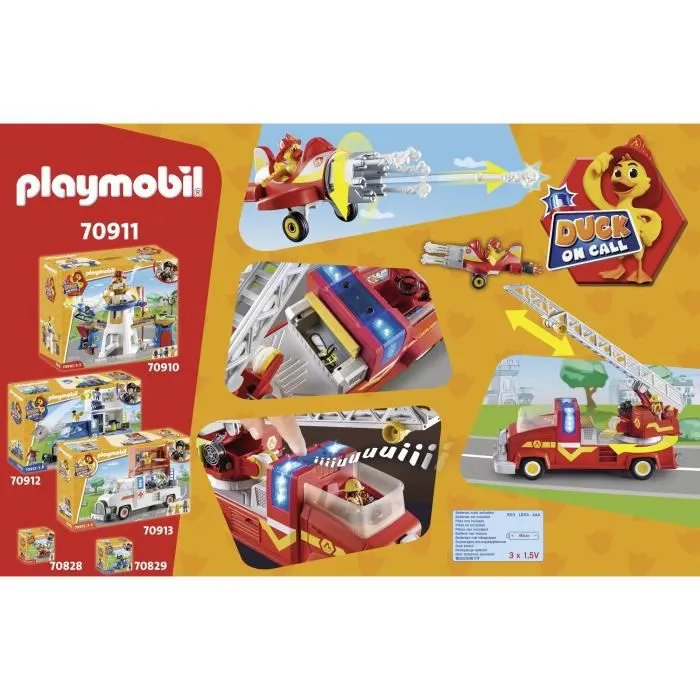 PLAYMOBIL - 70911 - DUCK ON CALL - Camion de pompier avec échelle extensible et avion détachable-2
