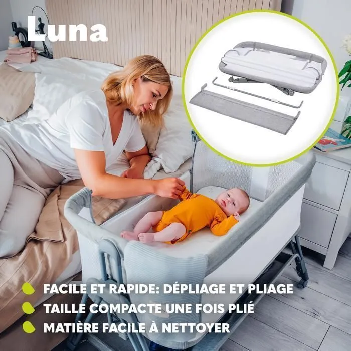 Lit cododo LIONELO Luna - 4 x Roulettes -Matelas inclus - Jusqu'à 9 kg - Hauteur et inclinaison réglables - Gris-1