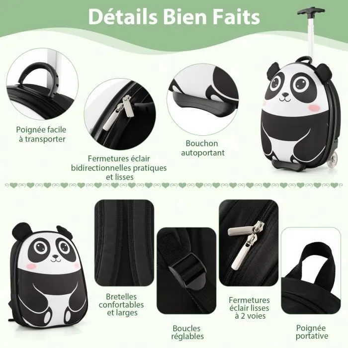 COSTWAY Valise Enfant à Roulettes 16’’ + Sac à Dos 12’’, Ensemble de Bagage Enfants avec Motif Panda, Voyages en Avion, Blanc-1