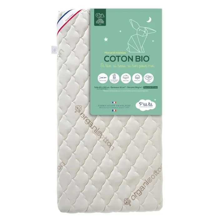 Matelas Enfant/Bébé Coton Bio - 70x140x10 cm - 100% Coton - Déhoussable - Sans traitement chimique - Fabrication Française-1