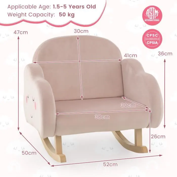 COSTWAY Fauteuil à Bascule pour Enfants, Canapé Chaise avec Cadre en Bois Massif , Tissu Velours Rose-3
