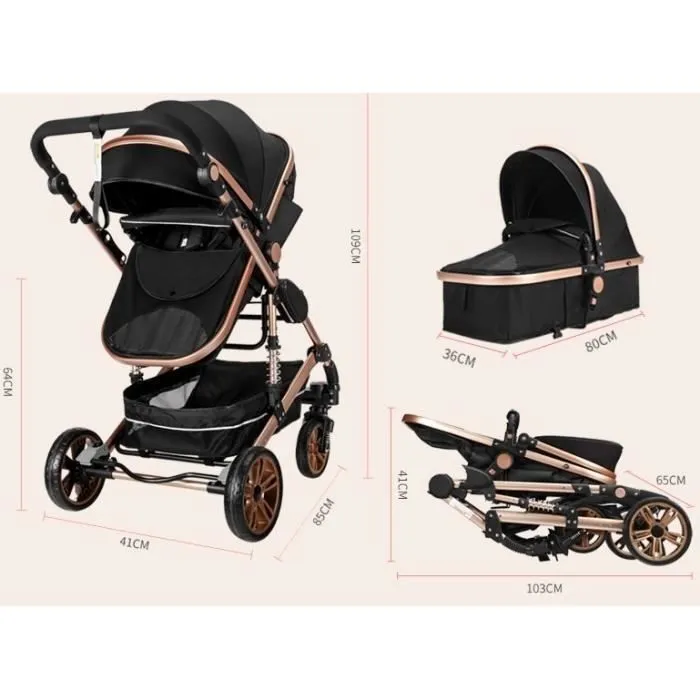 Poussette Bébé Combinée Trio Pack 3 en 1 Noir-ARG Chassis Haut a Absorption de Chocs Pliable Siege Auto Réversible Roues Increvables-2