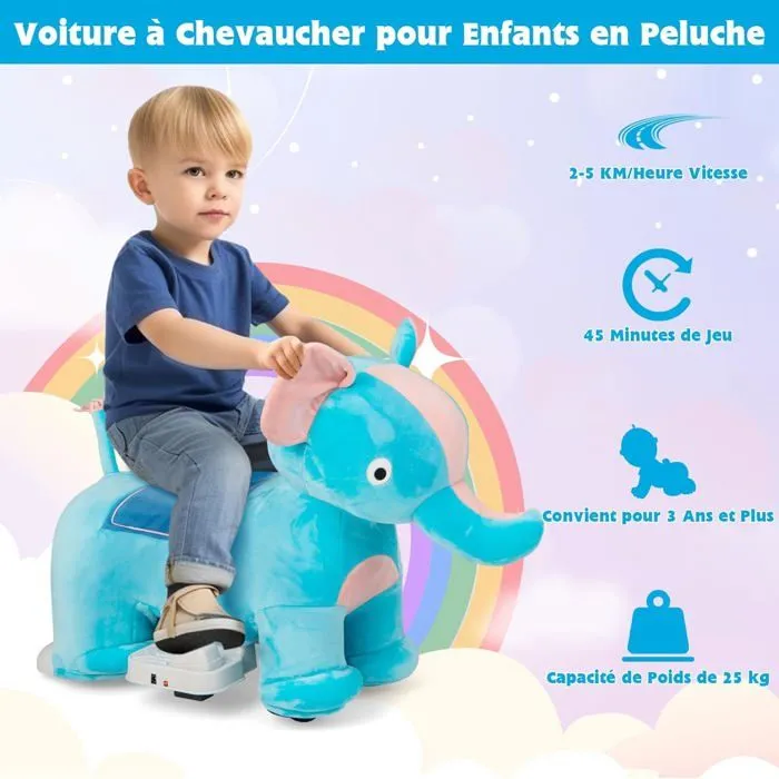 COSTWAY Voiture Electrique Enfant en Peluche Eléphant avec Musique, Pédale Latérale & Guidon Antidérapant, Charge 25KG, 3 Ans+-4