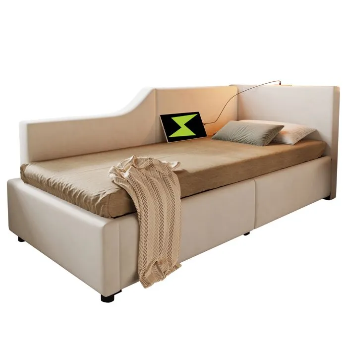 Lit coffre - Velours - 90x190cm - Beige - Avec liseuse - Ports USB-C - Sommier à lattes-4