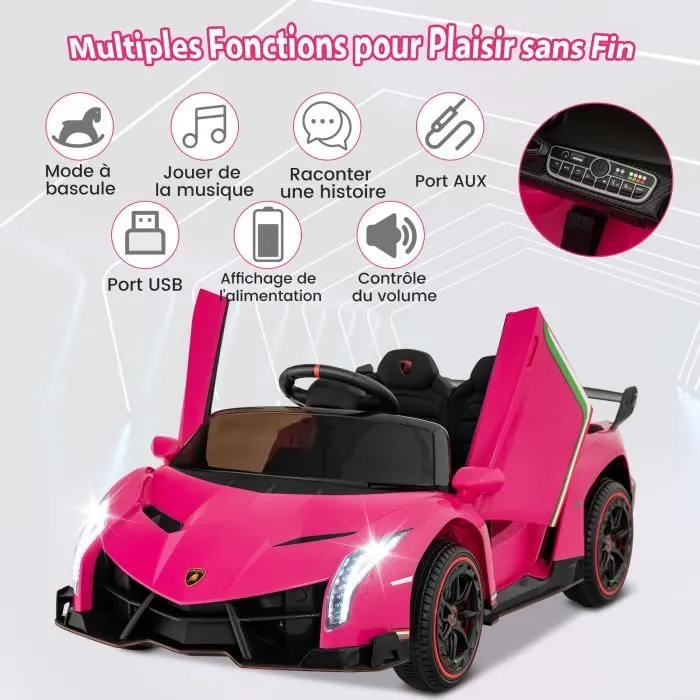 Lamborghini Voiture Électrique 12V/7 Ah pour Enfants, Télécommande 2.4 G, Portes Hydrauliques, LED, klaxon, MP3, USB, 3-8 Ans, Rose-1