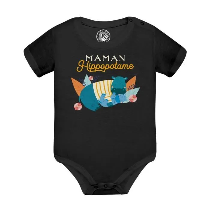 Body Bébé Manche Courte Noir Maman Hippopotame et son Bébé Dessin Illustration-0