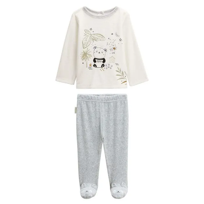 Pyjama bébé 2 pièces - Tropic Moon - Ecru/Gris - Ouverture complète au dos - Pieds antidérapants - 12 mois-0