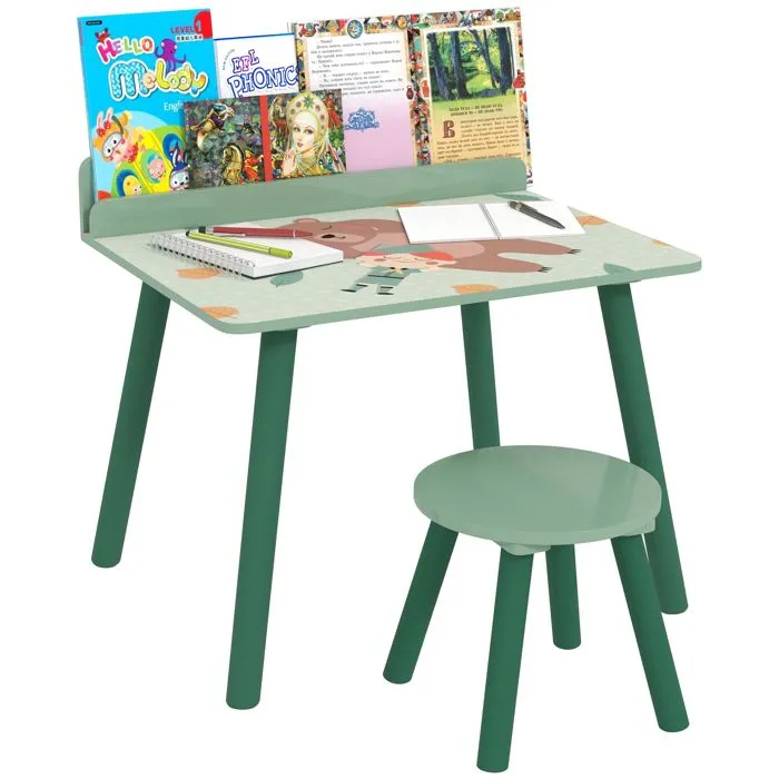 Ensemble table et chaise enfant - AIYAPLAY - avec porte-livres - motifs d'ours - pour enfants 3-8 ans - pour chambre, salon - vert-0