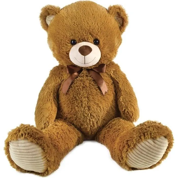 Ours en Peluche Marron avec Noeud +/- 100 cm - PLANET PLUCH - Magnifique ours de 1 mètre en peluche douce.-0