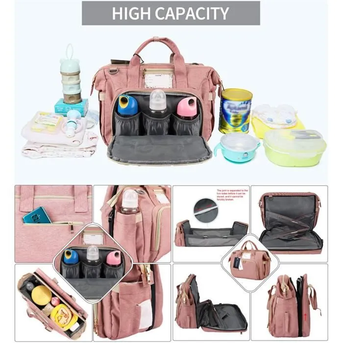 Sac de Messager à Langer pour Bébé, Grande Capacité Sac à Couches Imperméable Lit de Bébé Pliable de Voyage Sac de Voyage,Rose-1