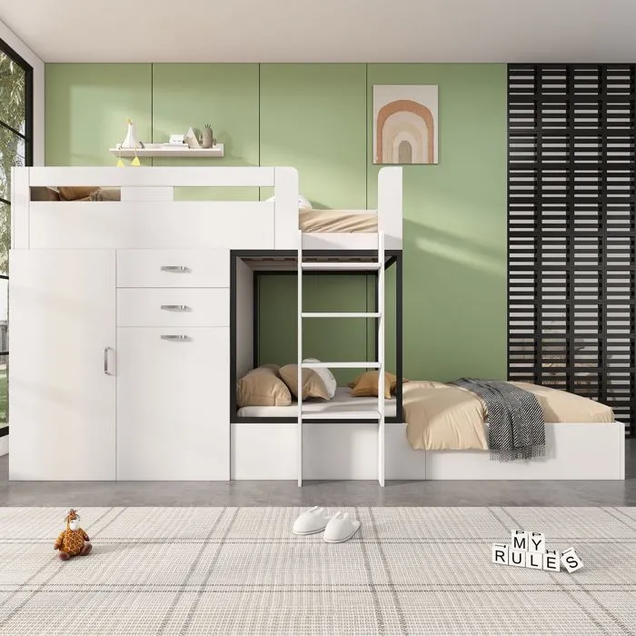 Lit superposé multifonctionnel - Blanc - 90x200 cm - Avec tiroirs - Style scandinave - 2 places-1