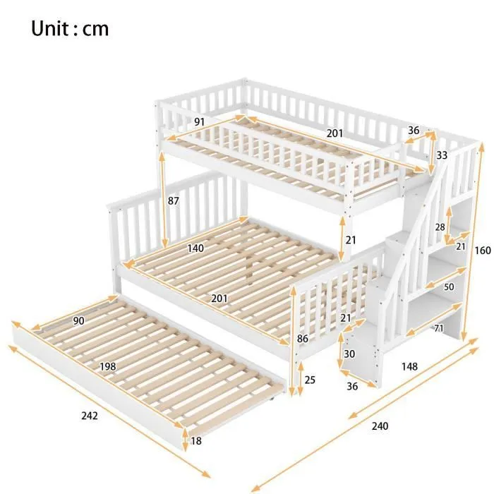 Lit superposé 90x200cm + 140x200cm, lit gigogne 90x198cm, escalier de rangement, cadre en pin, blanc-3
