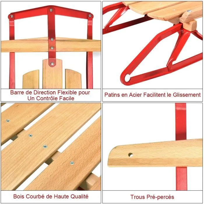 COSTWAY Luge en Bois 137cm Patins en Acier,Barre de Direction pour Neige Charge 150KG Adaptées aux Adultes et Enfants de 5 Ans+-2