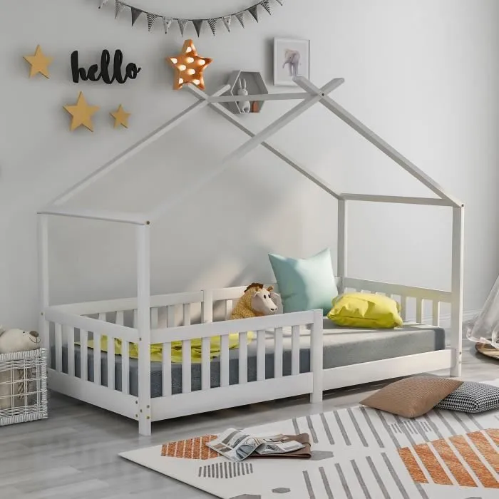 LIBERTE Lit cabane enfant, bois massif avec sommier à lattes 200x90cm-1