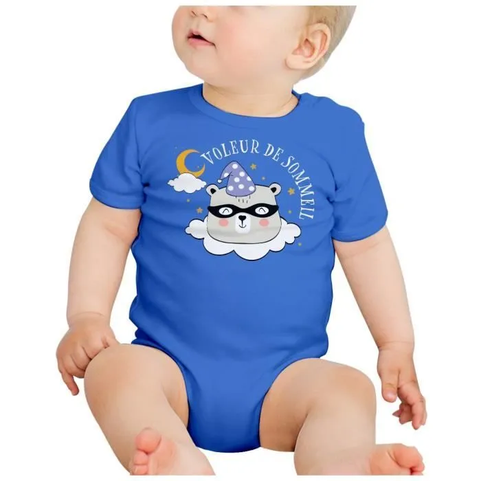 Body Bébé Manche Courte Bleu Voleur de Sommeil Dessin Illustration Animaux-1