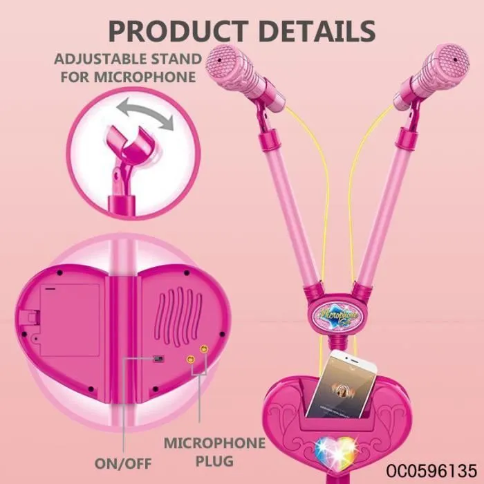 Micro Enfant sur Pied Karaoké Enfants , karaoké microphone bluetooth Avec effet d'éclairage musical, avec deux microphones rose 3-1
