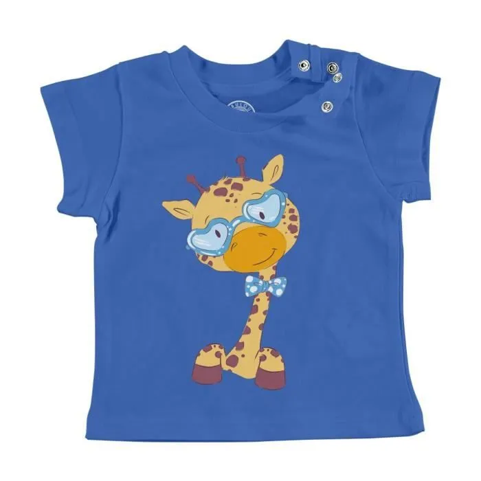 T-shirt Bébé Manche Courte Bleu Girafe Hippie Mignon Dessin Illustration Originale-0