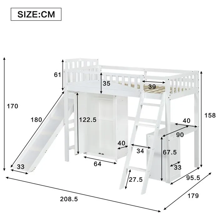 Lit mezzanine - Enfant - 90x200cm - Blanc - Toboggan - Bureau et armoire intégrés-3