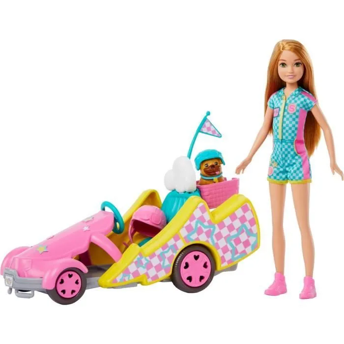 Coffret Poupée Stacie - Barbie - Voiture de Kart - Chiens - Accessoires - Autocollants-0