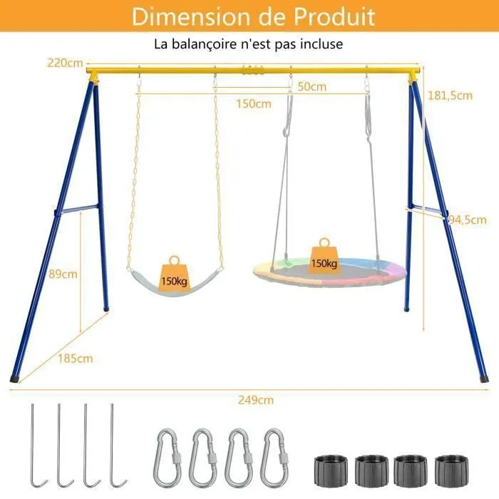 COSTWAY Portique avec Balançoire Nid d'Oiseau Ronde Ø100CM Balançoire Ceinture 1,2m pour Enfant Charge 300KG 2 Méthodes de Fixation-3
