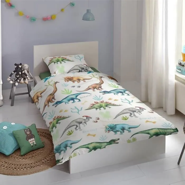 Housse de Couette - Good Morning Dino - 1-personne - 140x200/220 cm - Blanc - 100% coton-1