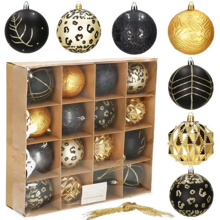 Décorations de sapin de Noël - SPRINGOS - 16 pcs. boules d'arbre ornements - or/noir-3