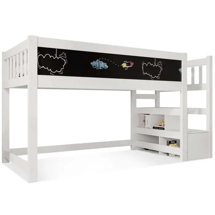 Lit mezzanine enfant MODERNLUXE - Blanc - Tableau noir - Bois de pin - Sommier à lattes - 90x200cm-1