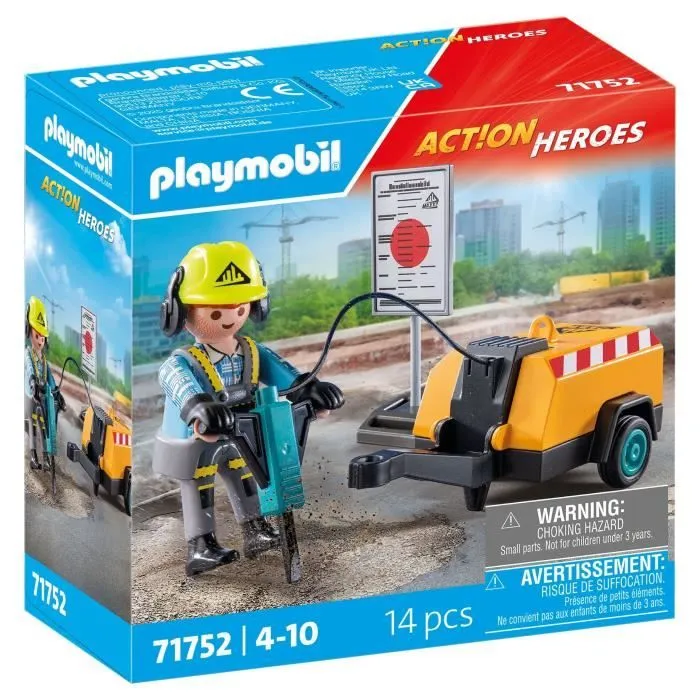 PLAYMOBIL 71752 Ouvrier marteau-piqueur et signalisation, Action Heroes, La construction, 14 pièces, Dès 4 ans-0