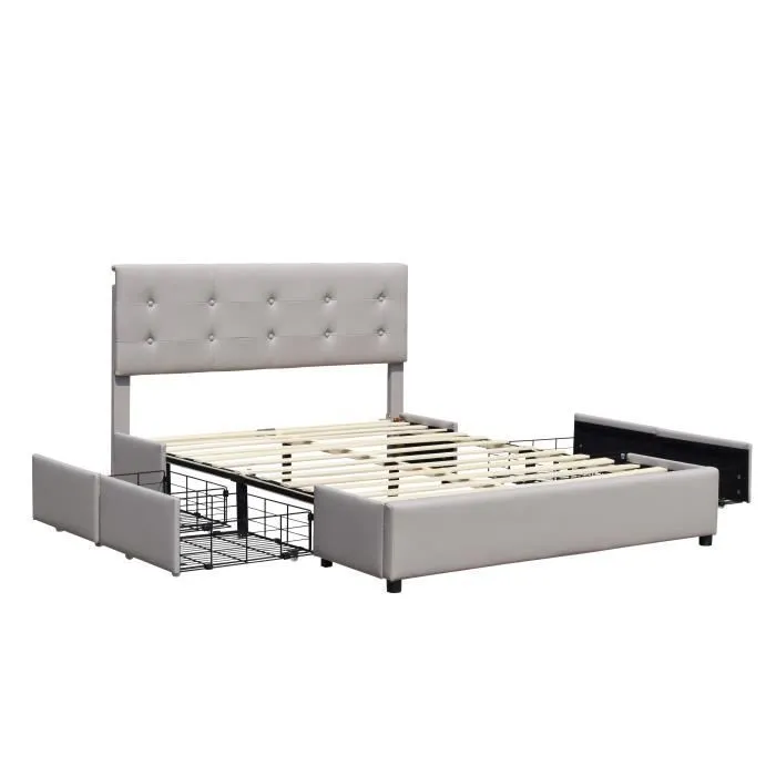 chloe - Solide et Confortable Lit 140x200 avec Sommier avec 4 tiroirs Tete de lit Couleur GRIS Pieds en 4 cm-0