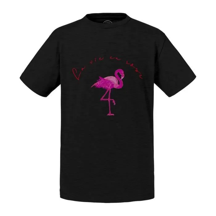 T-shirt Enfant Noir Flamant Rose la Vie en Rose Dessin Texte Rouge-0