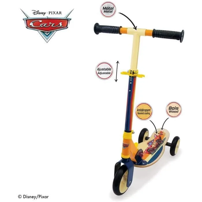 Smoby - Cars - Patinette pliable - 3 roues silencieuses - Plateau bois - Jaune et Multicolore - Trottinette avec guidon réglable-1