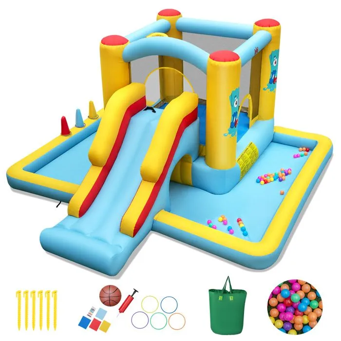 COSTWAY Château Gonflable 7 en 1 pour Enfants avec Toboggan, Tunnel, Panier de Basket, Jeu de Lancer d'Anneaux Souffleur Non Inclus-0
