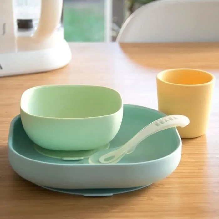 BEABA Set vaisselle silicone repas bébé, 4 pièces, avec ventouse, anti-dérapant, jaune-2