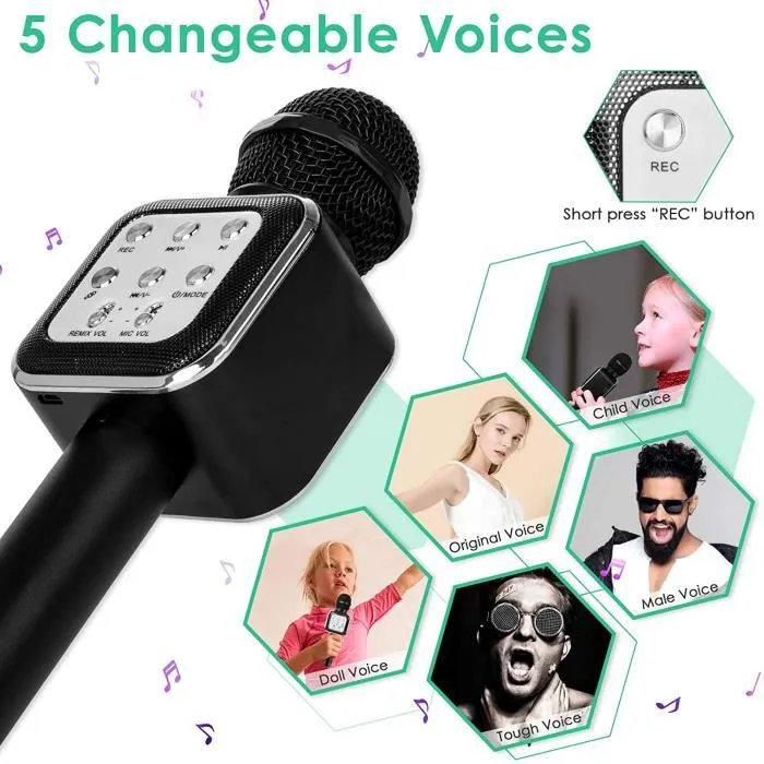 PIMPIMSKY Microphone Karaoke Sans Fil, Karaoké Microphone Bluetooth Portable, Compatible avec Android/IOS/PC/Smartphone (noir)-3