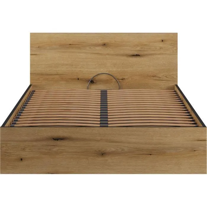 Lit Coffre 140x190 en bois + Tête de lit - Chêne Rustique - Sommier à lattes inclus - L 140 x P 193 x H 80 cm-3