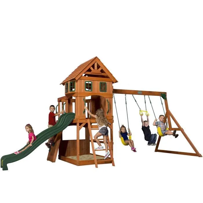 Aire de jeux en bois Backyard Discovery Atlantic avec balançoire, toboggan, bac de sable et mur d'escalade-0