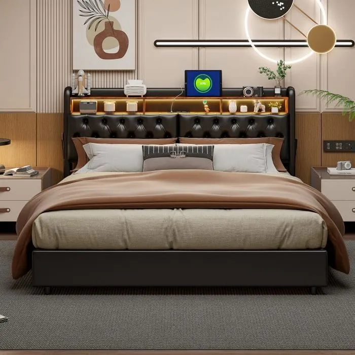 Lit coffre - MARQUE inconnue - 180x200cm - Cuir noir - Tête de lit LED - Rangement intégré-1