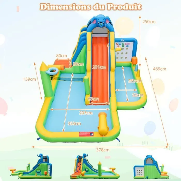 COSTWAY 9 en 1 Château Gonflable en Forme Éléphant avec Toboggan & Mur d'Escalade pour Enfants, 378 x 469 x 250 CM, sans Souffleur-3
