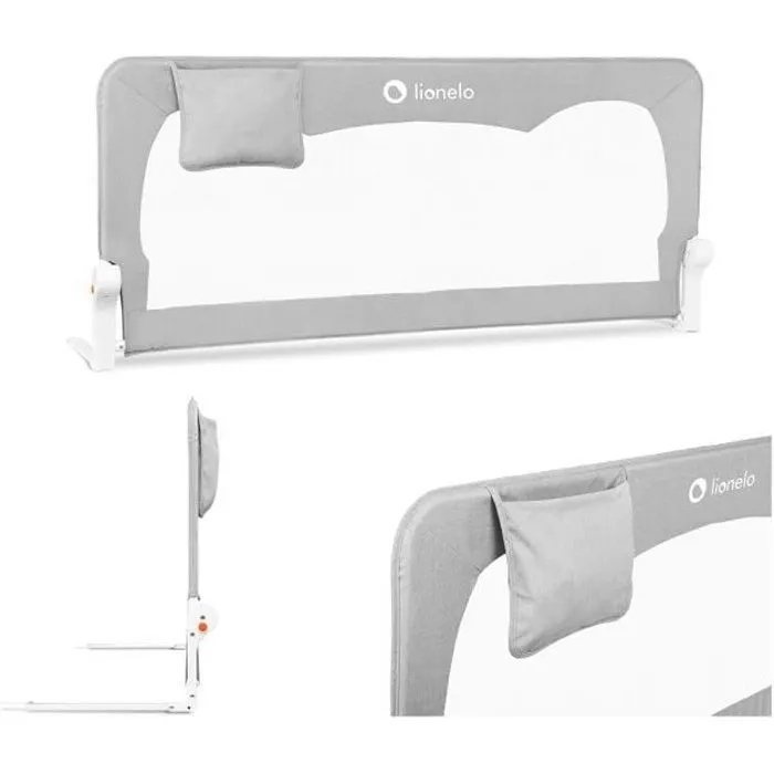 Barrière de lit bébé Hanna - LIONELO - Gris - Pliable - Protection anti-chute - 150x66cm - Gris-0