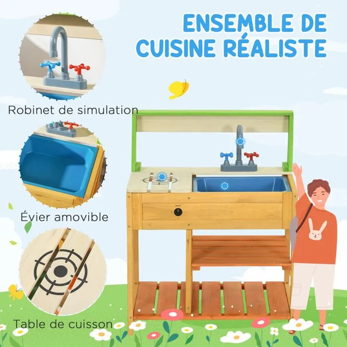 Cuisine extérieure - Outsunny - jeu d'imiation - avec étagères évier et robinet - convient aux enfants de 3 à 8 ans - multicolore-4