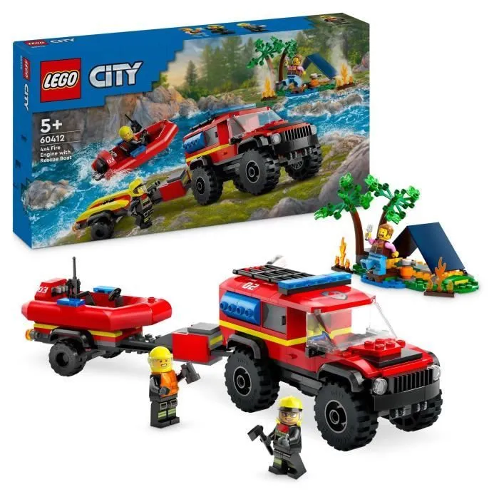 LEGO® 60412 City Le Camion de Pompiers 4x4 et le Canot de Sauvetage, Jouet avec Bateau, Remorque et Minifigurines-0