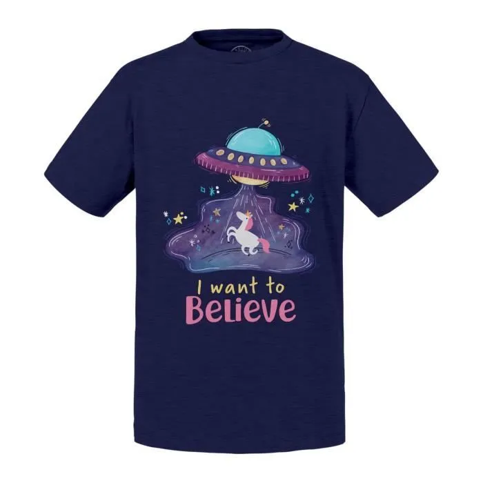 T-shirt Enfant Bleu I Want To Believe Licorne Ovni Extraterrestres-0