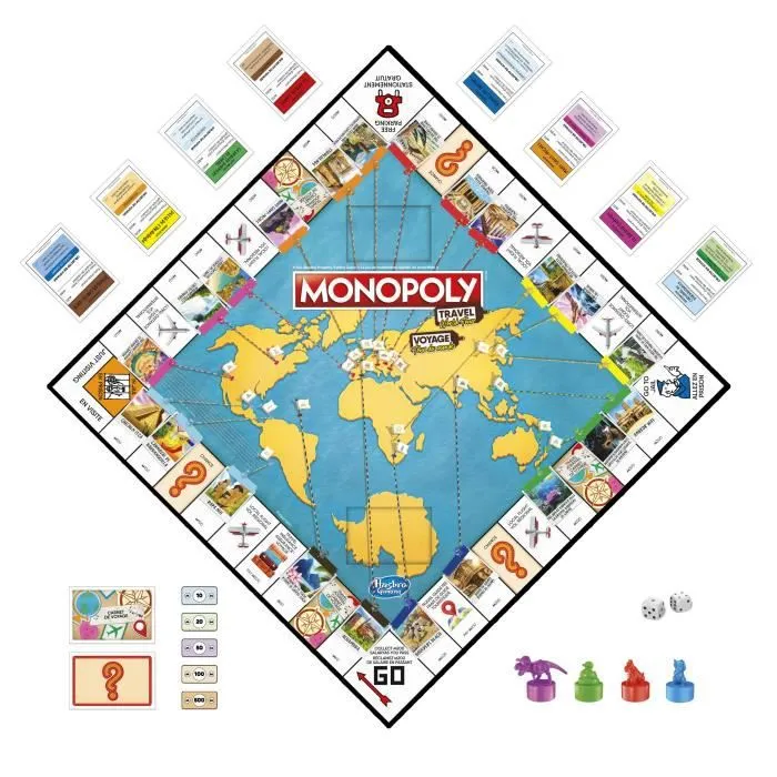 Monopoly Voyage autour du monde, jeu de societe, dès 8 ans, avec pions-tampons encreurs et plateau effaçable à sec-1