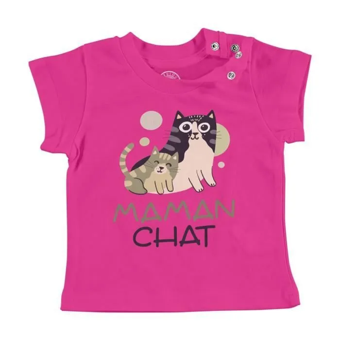 T-shirt Bébé Manche Courte Rose Maman Chat et son Chaton Dessin Illustration Bebe-0